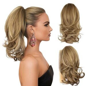 Ponytail Extension 14"  Blonde Claw Clip in Curly Wavy Hairpiece Ponytail